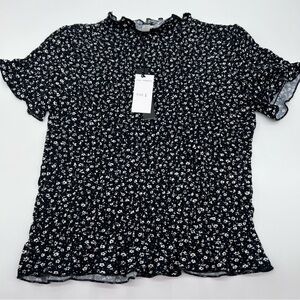 T Tahari Black and White Floral Smocked Ruffled Short Sleeve Blouse-Size S